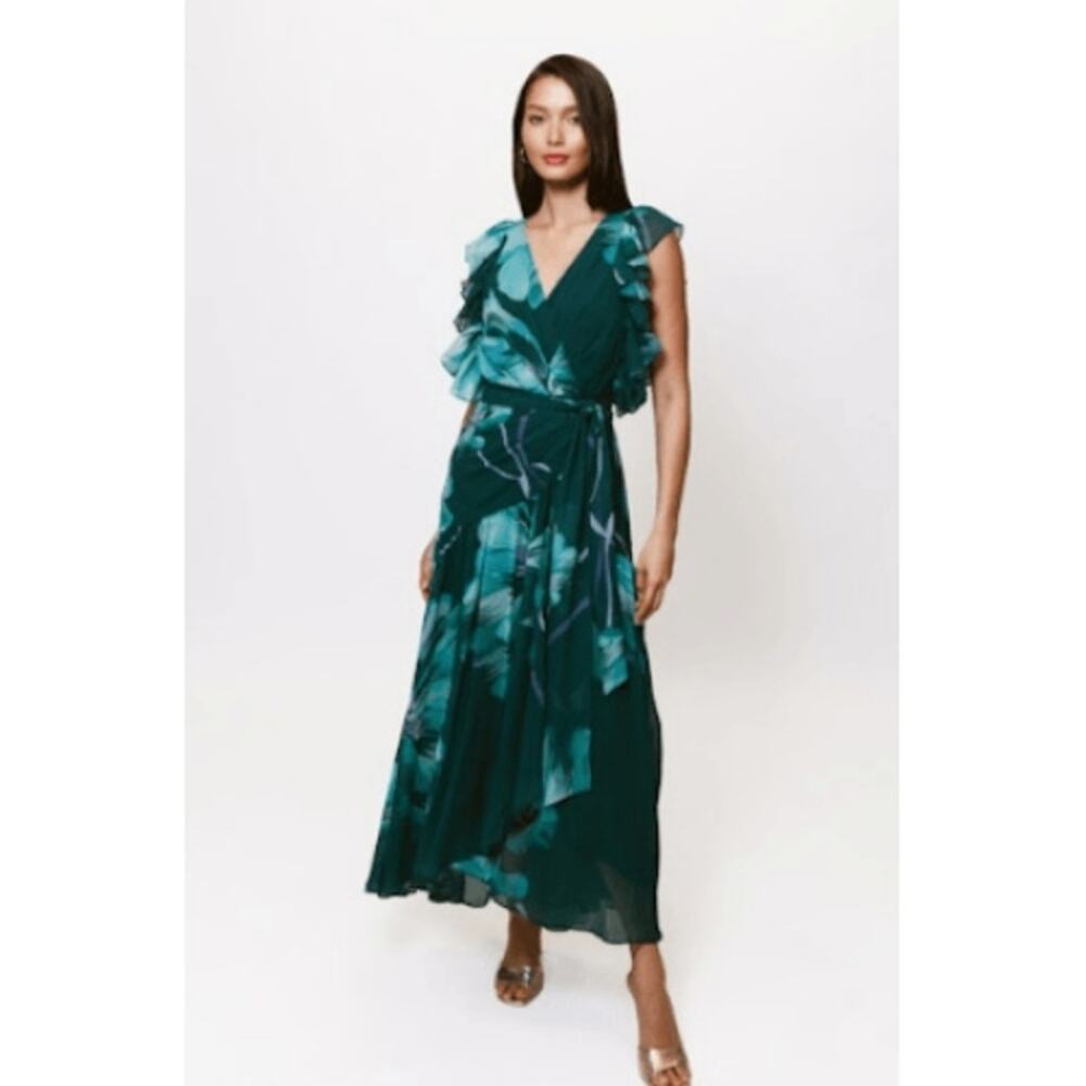 Hutch Women's Floral V-Neck Beck Maxi Wrap Dress Cap Sleeves Green Size XL NWT - Picture 3 of 12